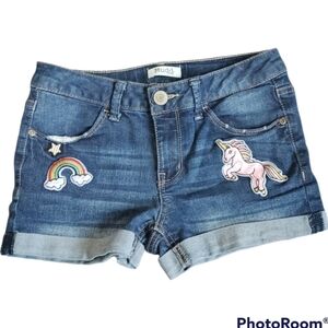 Mudd girls jean shorts size 14 with unicorn star and rainbow patches